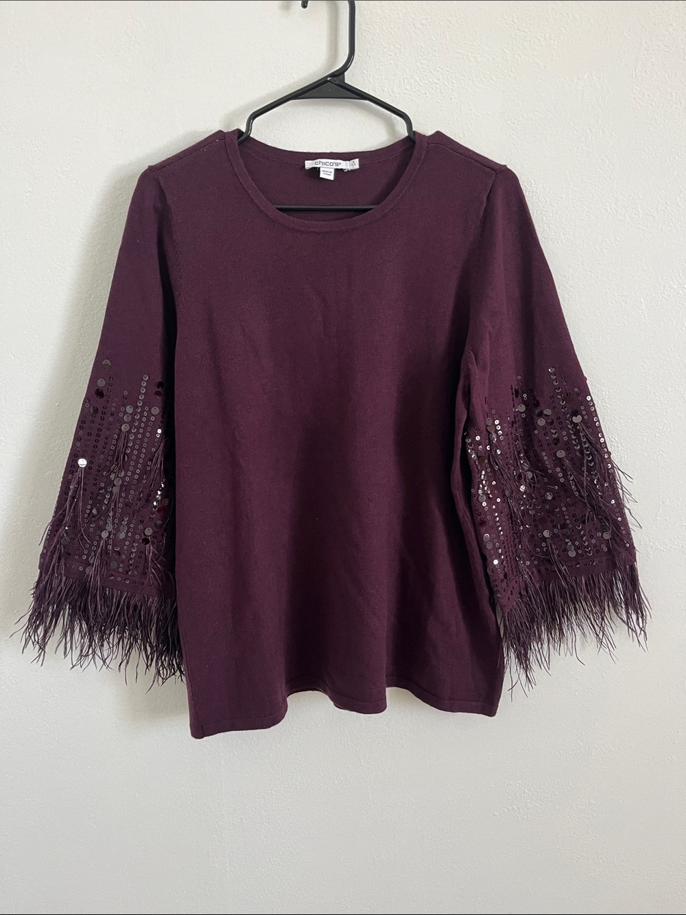 Chico's Plum Feather & Sequin Sleeve Sweatshirt Large